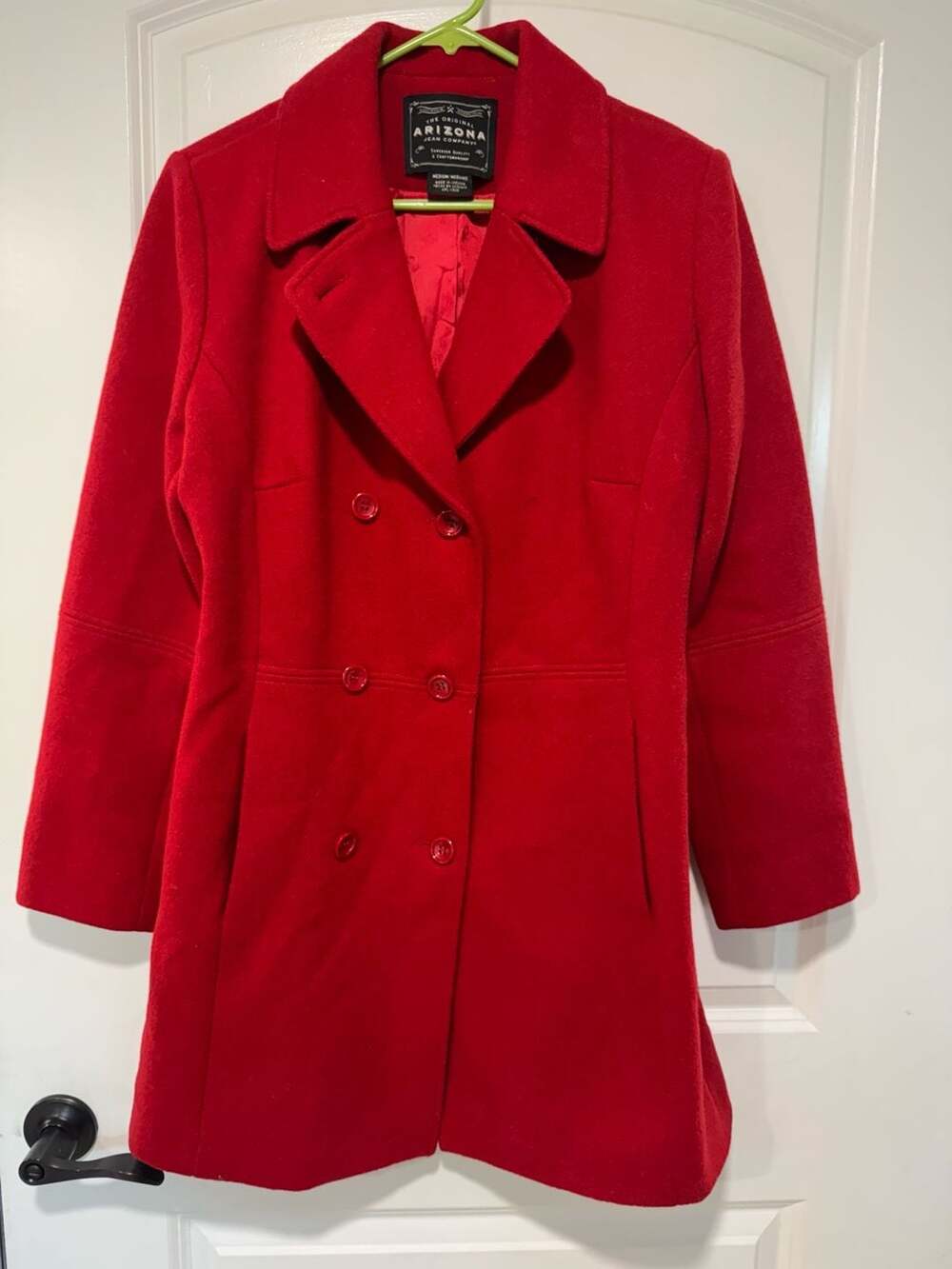 Bright Red Wool Double Breasted Peacoat Tailored Long Coat Women’s M